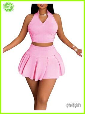 2 Piece Tennis Skirt Set Pleated Mini Skirt Outfit Sleeveless Crop Top